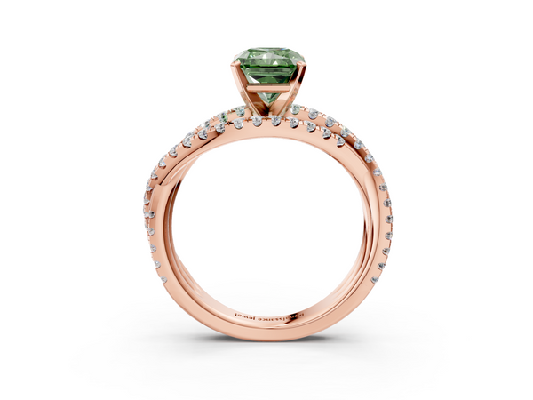 Rose gold Fancy Green Radiant  Solitaire Twist Band with Pavé Setting and Four-Prong Setting