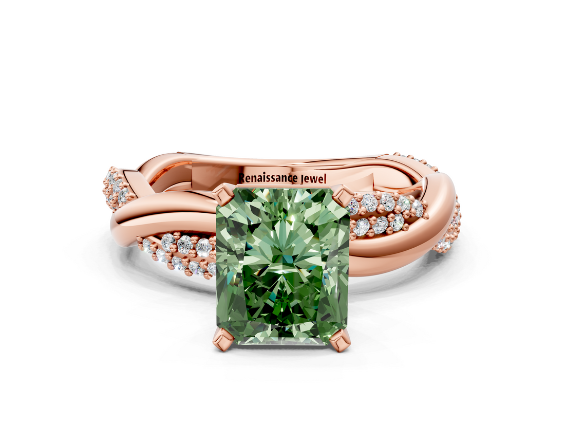Rose gold Fancy Green Radiant  Solitaire Twist Band with Pave Prong Setting_60