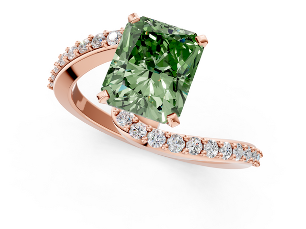Rose gold Fancy Green Radiant  Solitaire Twist Band with Pave Set Diamonds and Four-Prong Setting