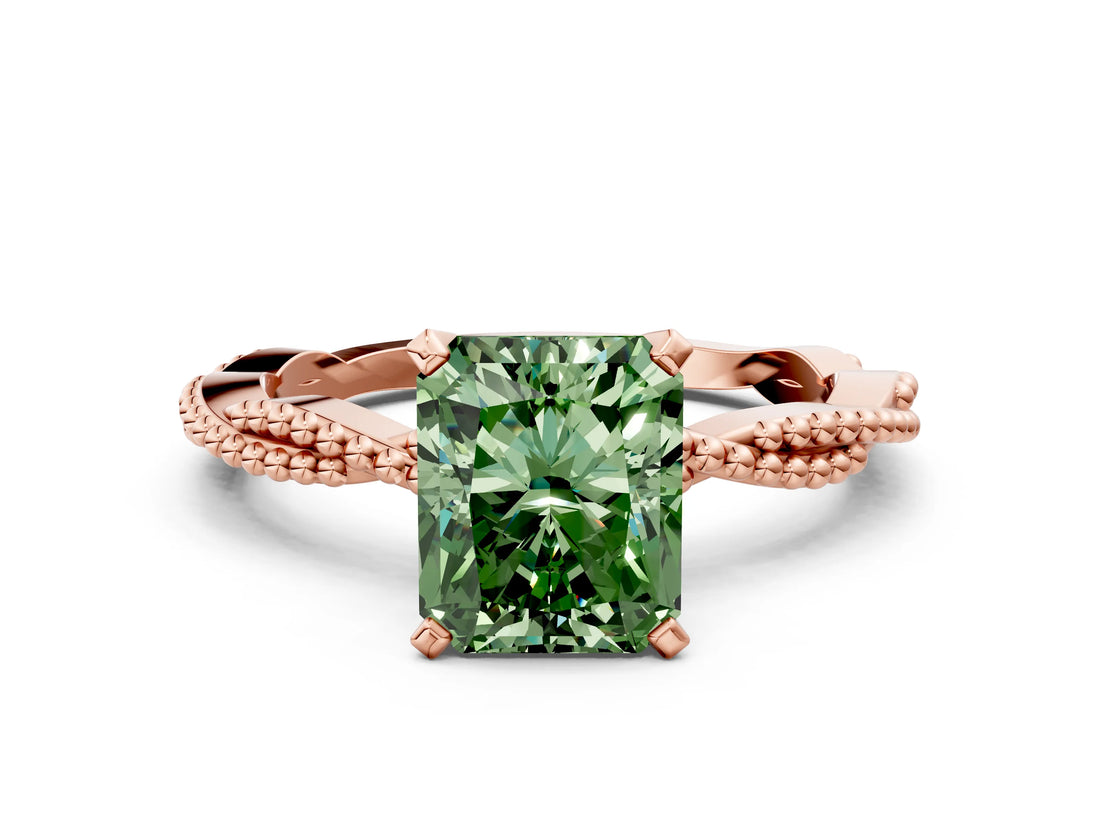 Rose gold Fancy Green Radiant  Solitaire Twisted Band with Bead Prong Setting_390
