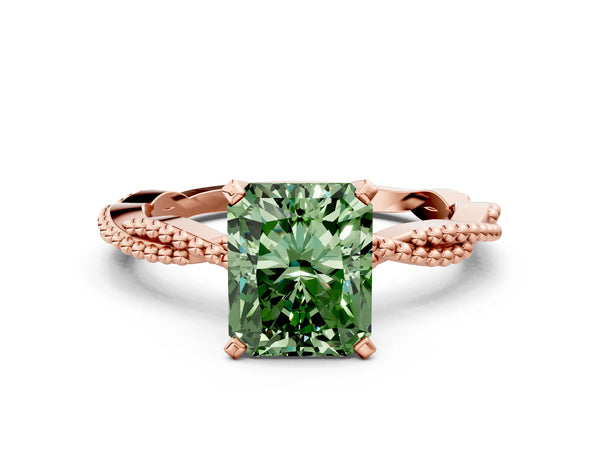 Rose gold Fancy Green Radiant  Solitaire Twisted Band with Bead Prong Setting