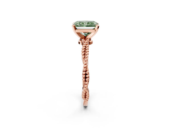 Rose gold Fancy Green Radiant  Solitaire Twisted Band with Bead Prong Setting