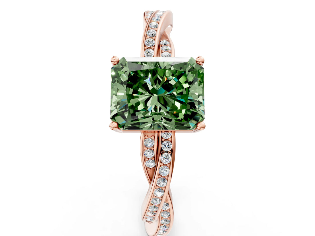 Rose gold Fancy Green Radiant  Solitaire Twisted Pave Diamond Ring with Four-Prong Setting_25