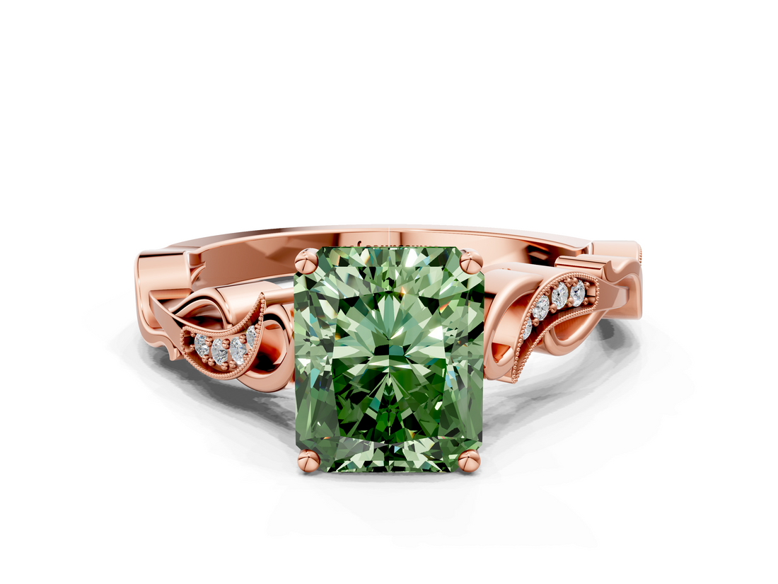 Rose gold Fancy Green Radiant  Solitaire Vine Band with Milgrain Prong Setting_3