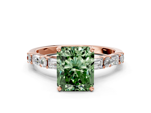 Rose gold Fancy Green Radiant Cut Diamond Solitaire with Side Baguettes and Channel Set Band