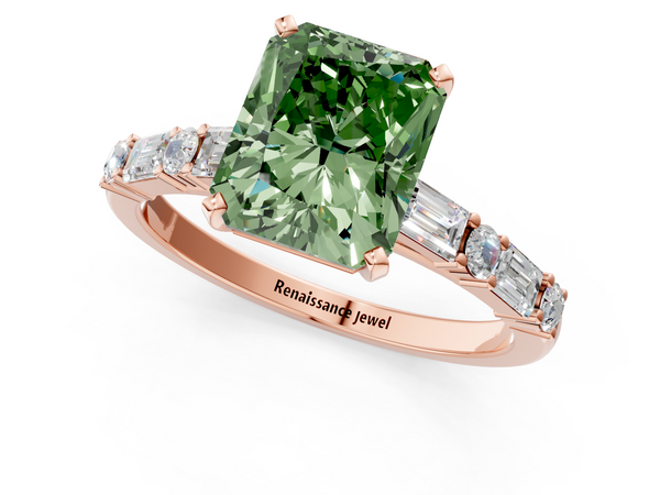 Rose gold Fancy Green Radiant Cut Diamond Solitaire with Side Baguettes and Channel Set Band