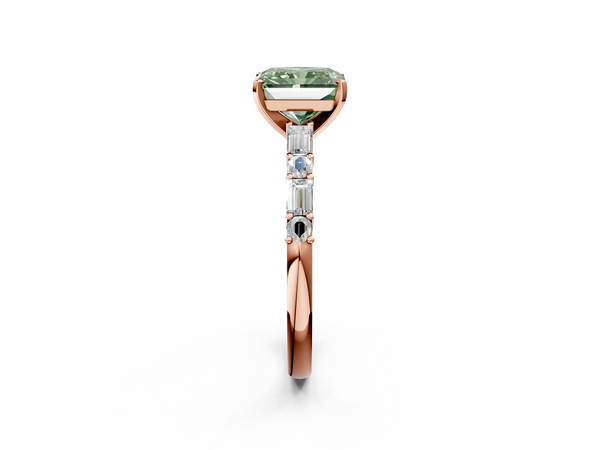 Rose gold Fancy Green Radiant Cut Diamond Solitaire with Side Baguettes and Channel Set Band