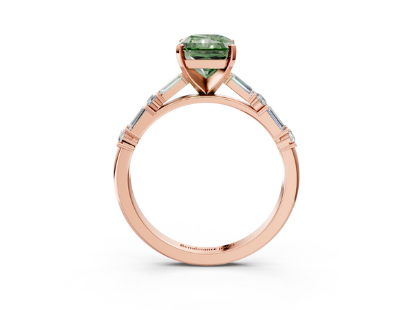 Rose gold Fancy Green Radiant Cut Diamond Solitaire with Side Baguettes and Channel Set Band