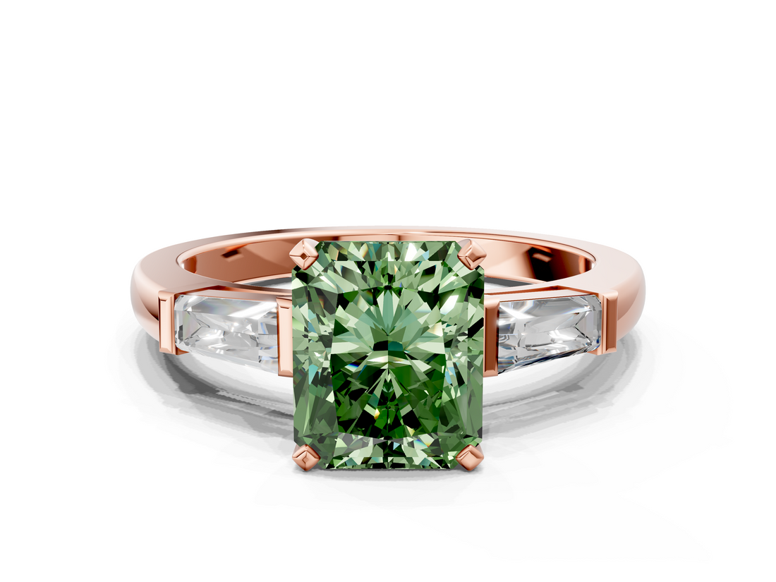 Rose gold Fancy Green Radiant  Solitaire with Tapered Baguette Side Stones on a Classic Band with Four-Prong Setting_89