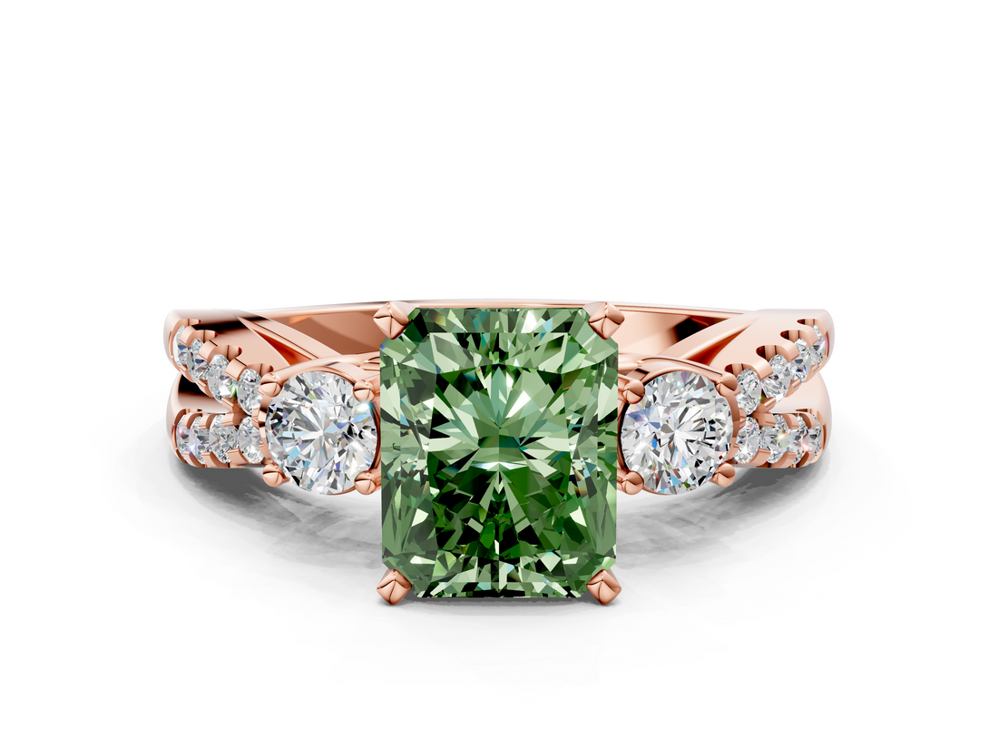 Rose gold Fancy Green Radiant  Three-Stone Diamond Ring with Pavé Split Shank and Four-Prong Setting_76