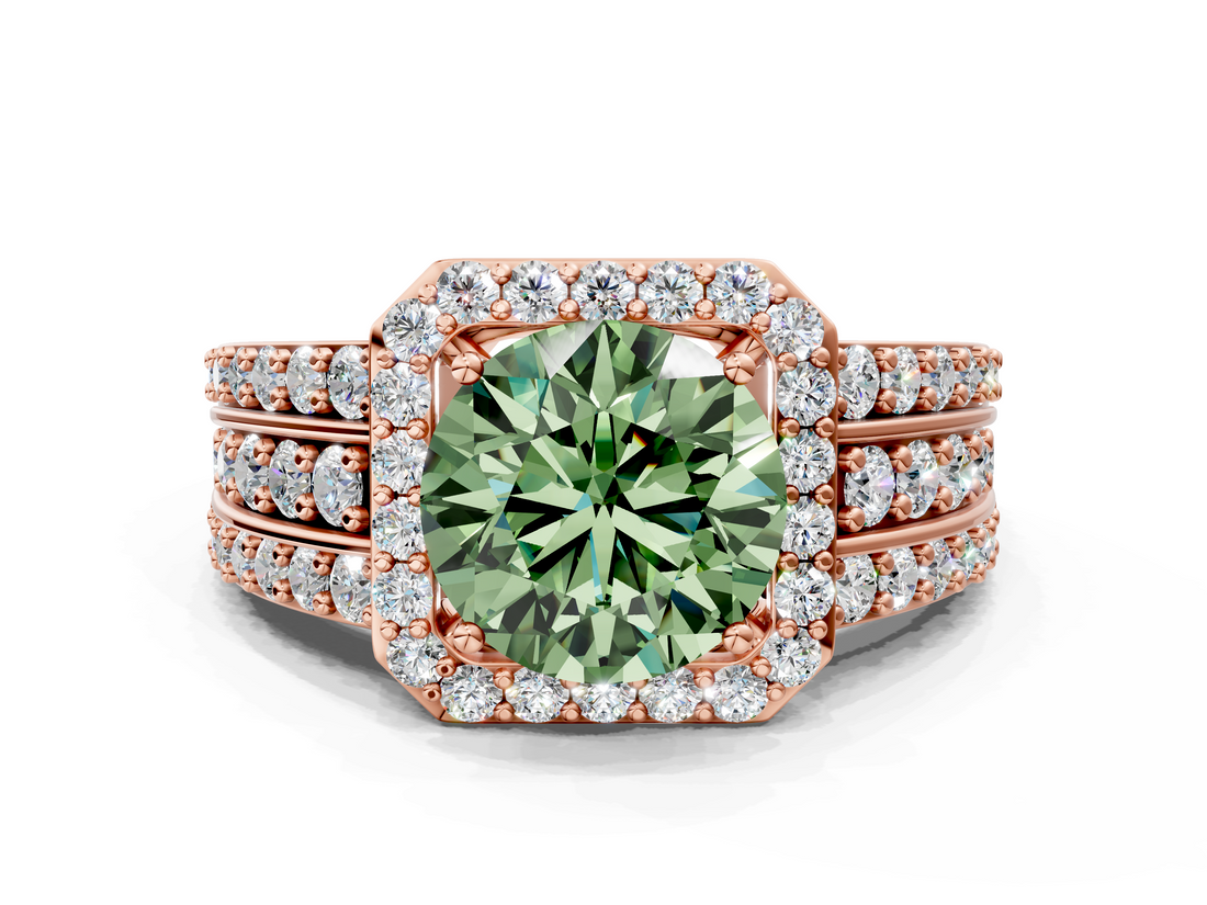 Rose gold Fancy Green Round -Cut Halo Diamond Ring with Split Shank and Four-Prong Setting_71