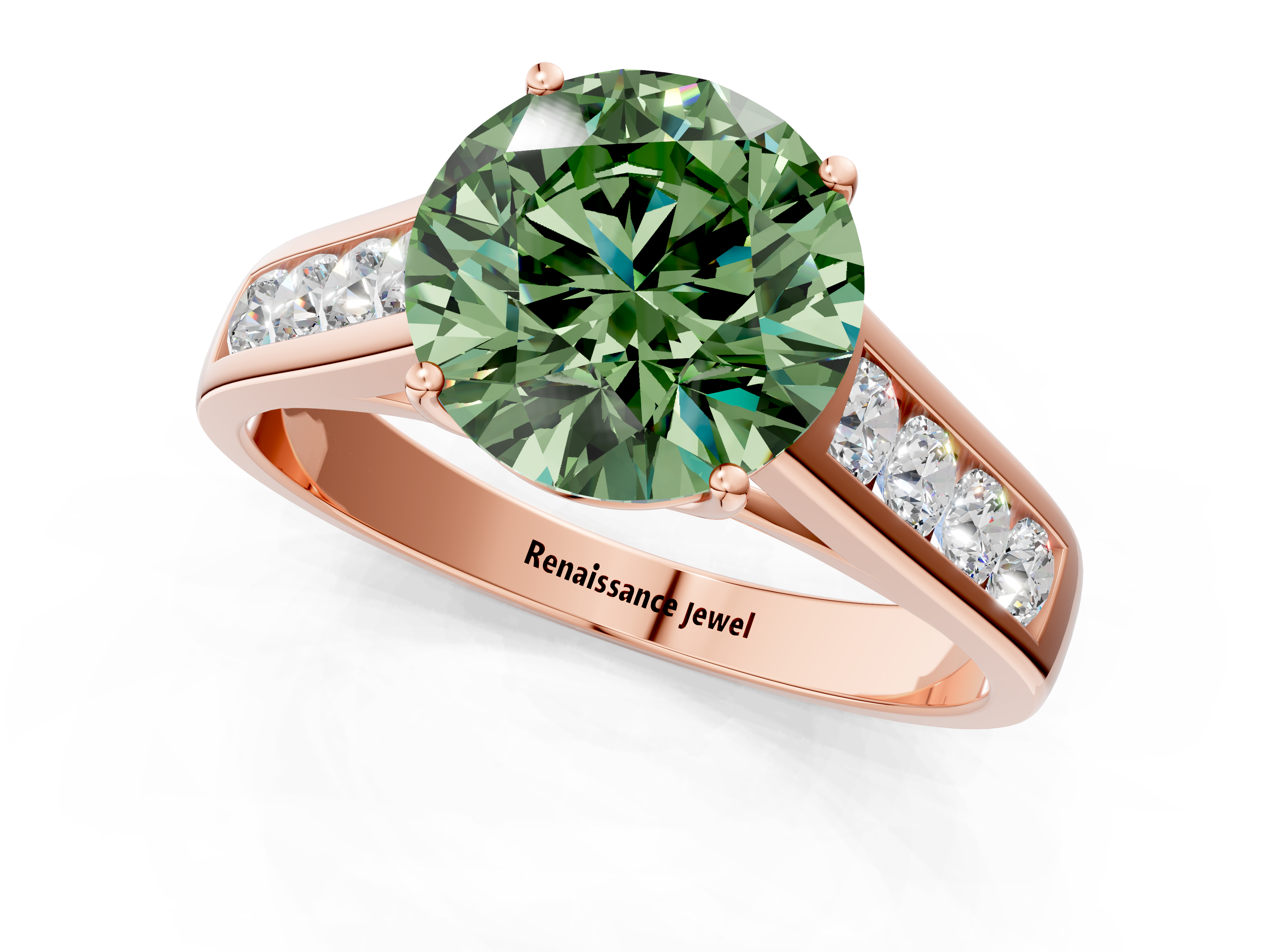 Rose gold Fancy Green Round  Brilliant Channel-Set Solitaire Ring with Four-Prong Setting_21