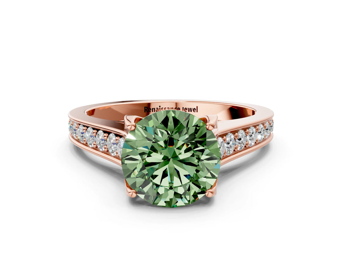 Rose gold Fancy Green Round  Brilliant Cut Diamond Engagement Ring with Pavé Band and Four-Prong Setting_49