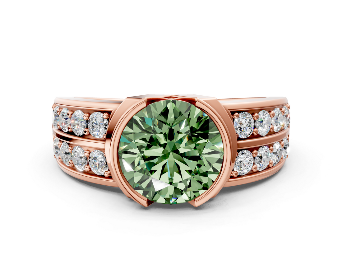 Rose gold Fancy Green Round  Brilliant Diamond Channel Set Wide Band Ring with Bezel Setting_20