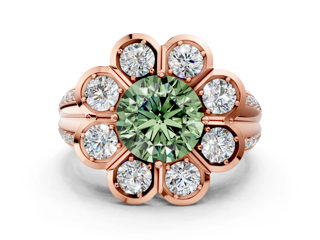 Rose gold Fancy Green Round  Brilliant Flower Halo Diamond Split Shank Ring_141