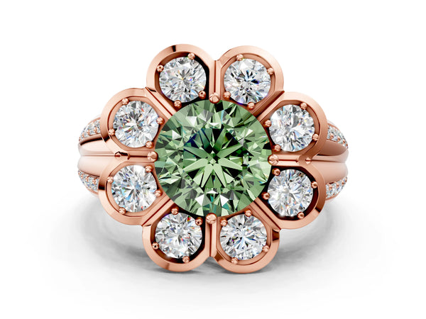 Rose gold Fancy Green Round  Brilliant Flower Halo Diamond Split Shank Ring