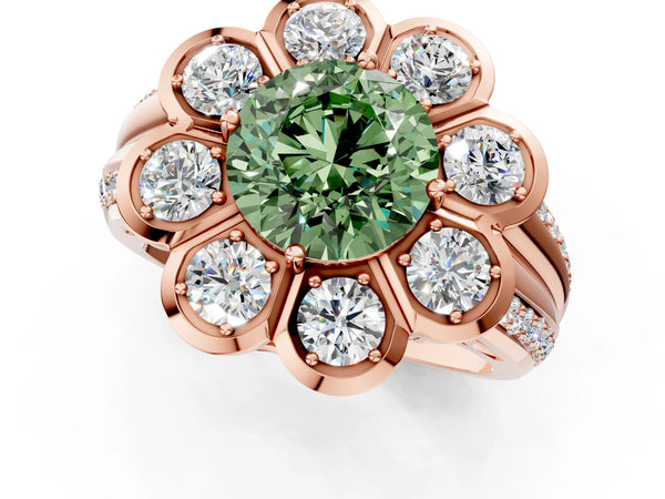 Rose gold Fancy Green Round  Brilliant Flower Halo Diamond Split Shank Ring