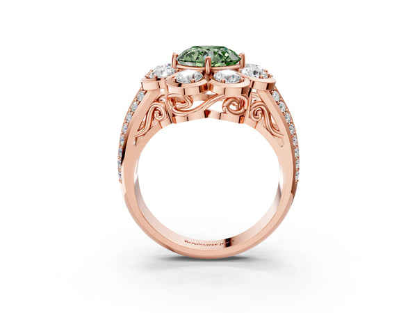 Rose gold Fancy Green Round  Brilliant Flower Halo Diamond Split Shank Ring
