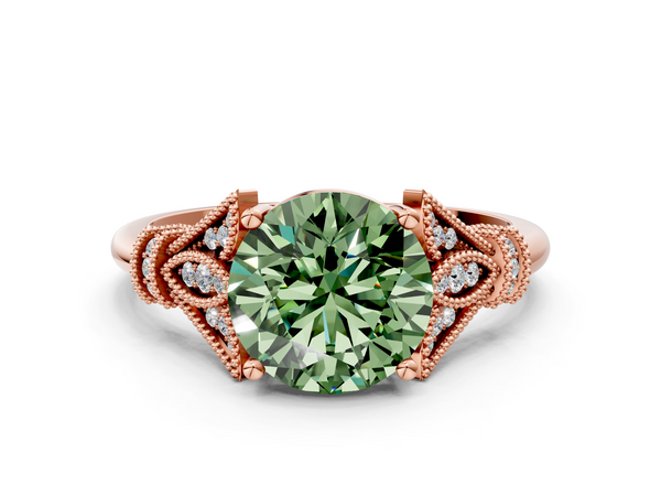 Rose gold Fancy Green Round  Diamond Solitaire Ring with Floral Filigree and Pave Accents