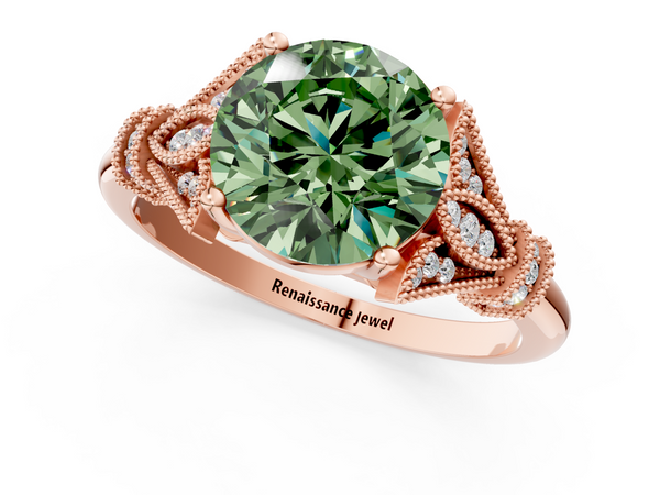 Rose gold Fancy Green Round  Diamond Solitaire Ring with Floral Filigree and Pave Accents