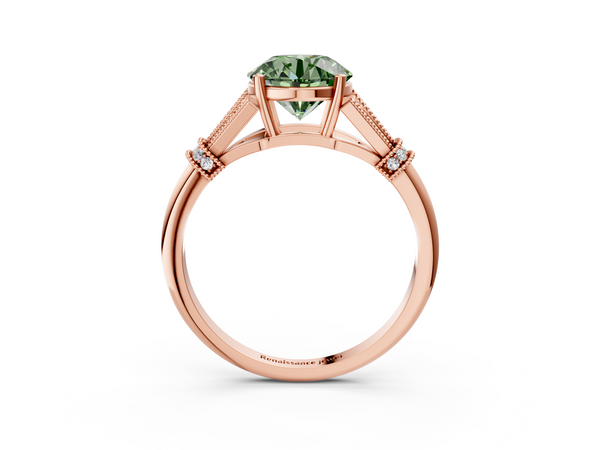 Rose gold Fancy Green Round  Diamond Solitaire Ring with Floral Filigree and Pave Accents