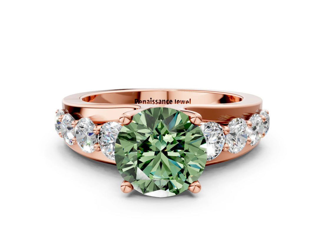 Rose gold Fancy Green Round  Brilliant Solitaire with Side Stones on a Pave Band and Four-Prong Setting_12