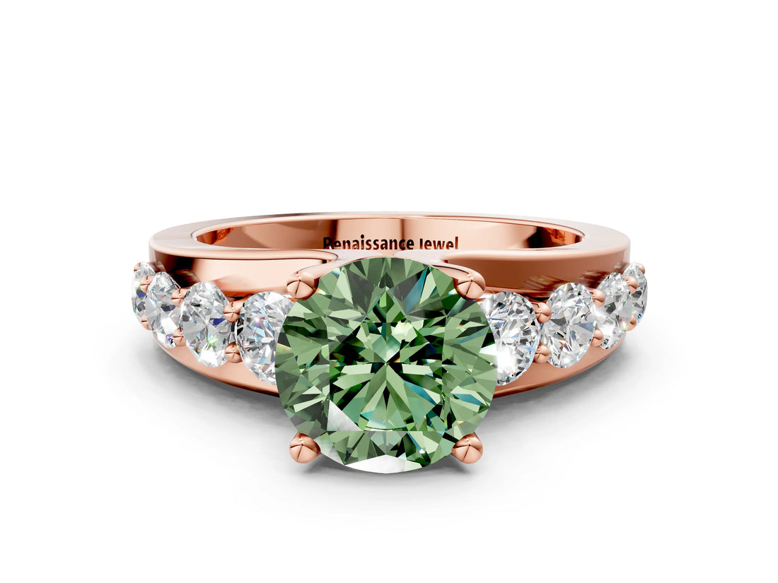 Rose gold Fancy Green Round  Brilliant Solitaire with Side Stones on a Pave Band and Four-Prong Setting_24