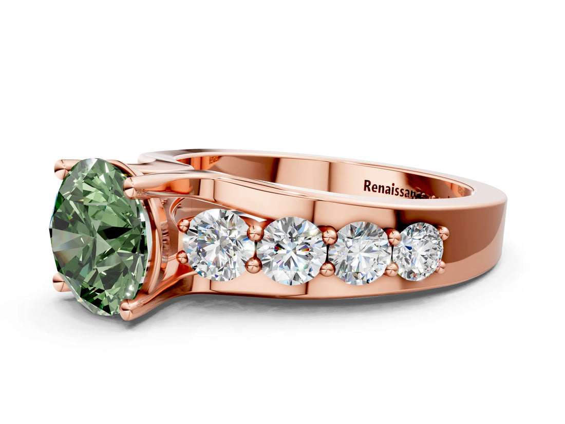 Rose gold Fancy Green Round  Brilliant Solitaire with Side Stones on a Pave Band and Four-Prong Setting_90