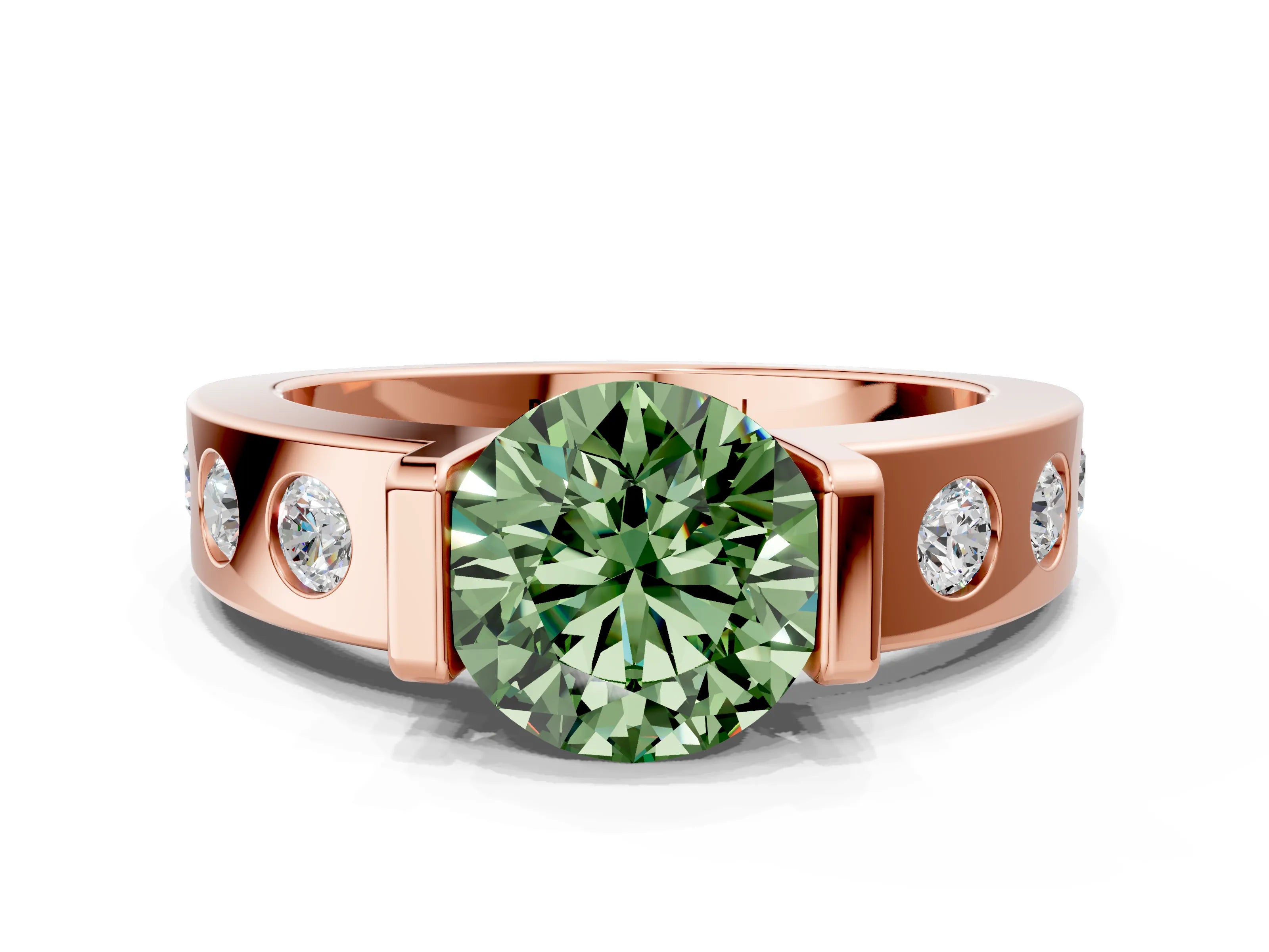 Rose gold Fancy Green Round Cut Brilliant Channel-Set Diamond Ring with Bezel Prong Setting