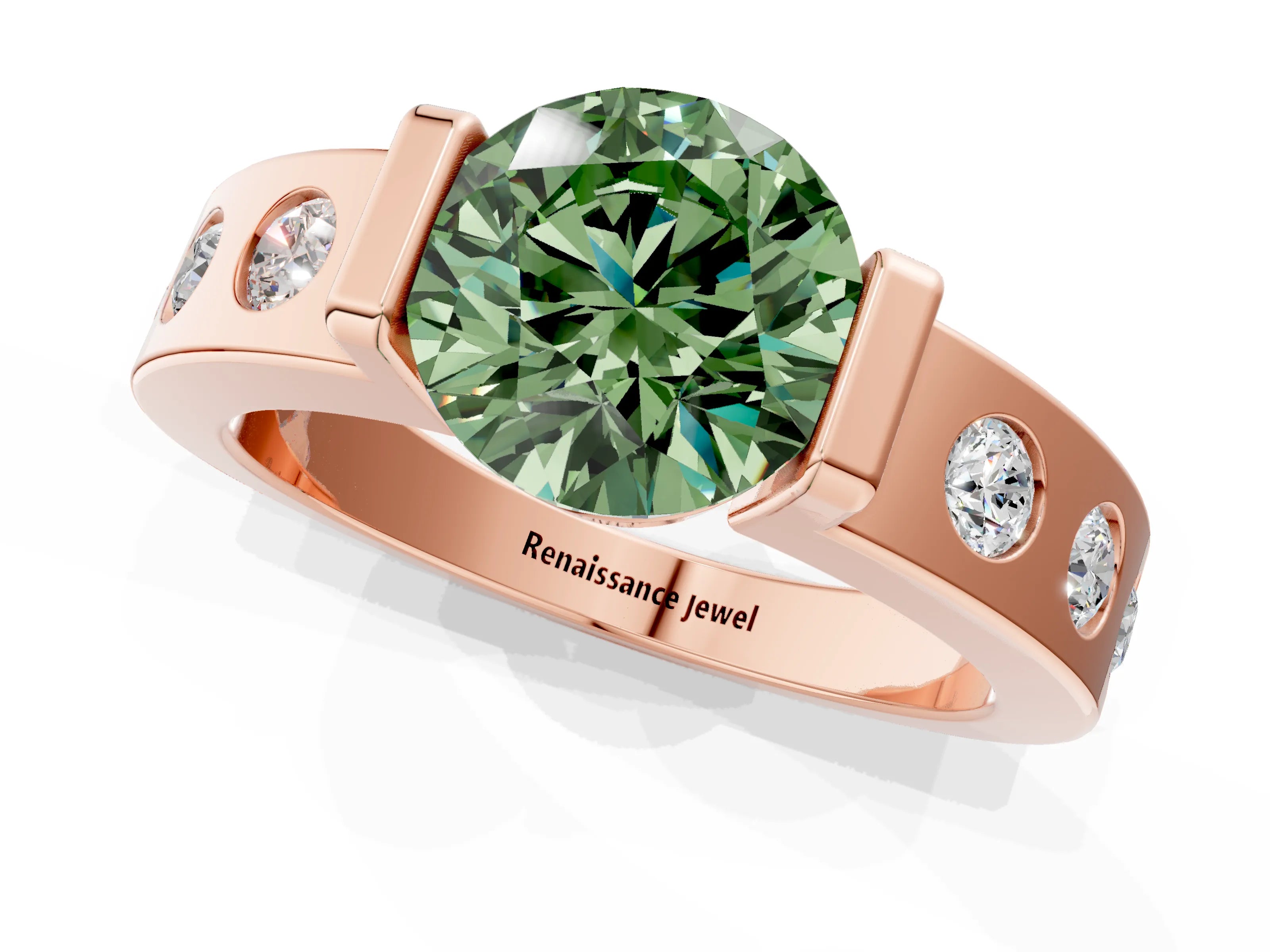 Rose gold Fancy Green Round Cut Brilliant Channel-Set Diamond Ring with Bezel Prong Setting_1