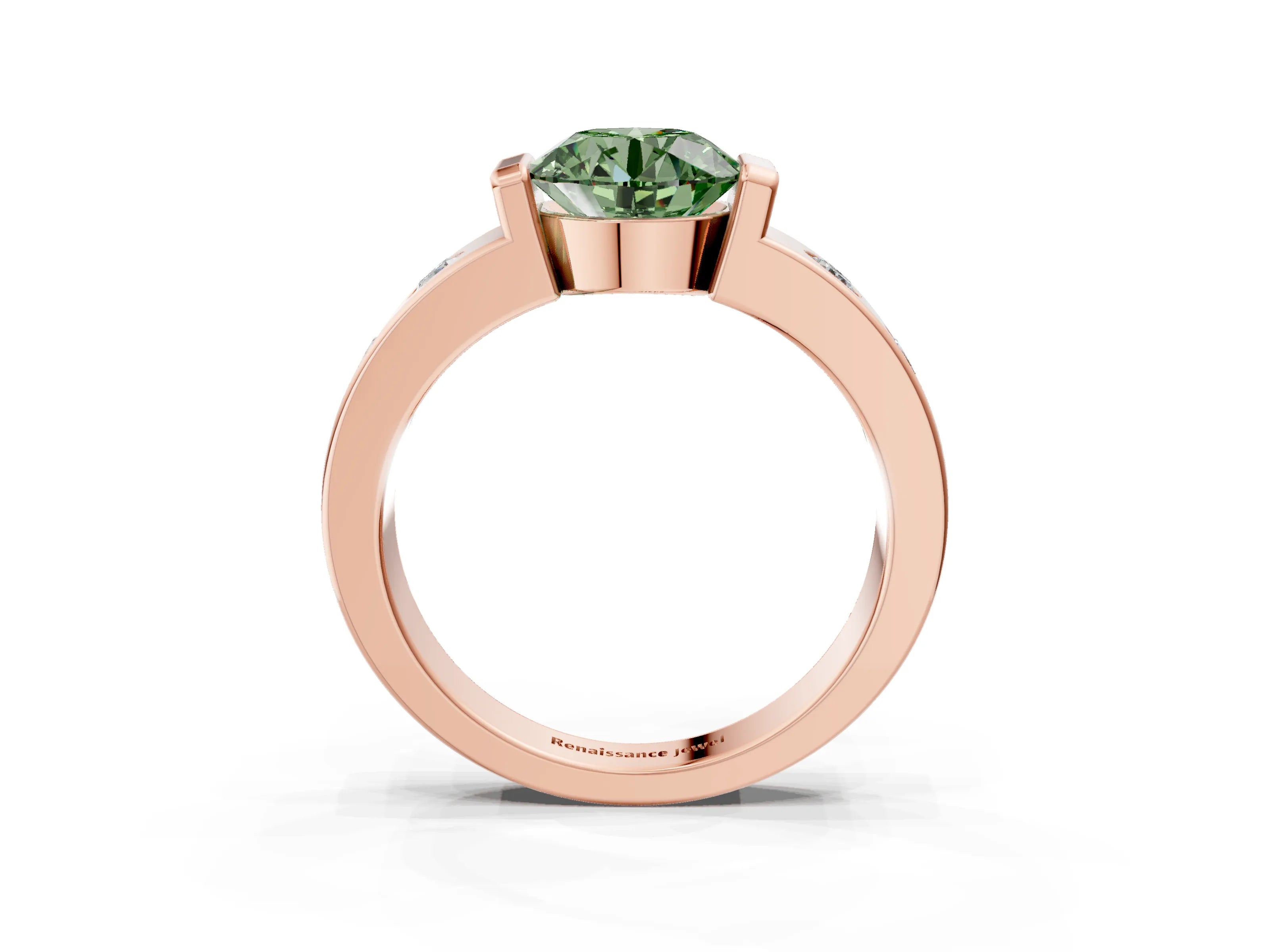 Rose gold Fancy Green Round Cut Brilliant Channel-Set Diamond Ring with Bezel Prong Setting_3