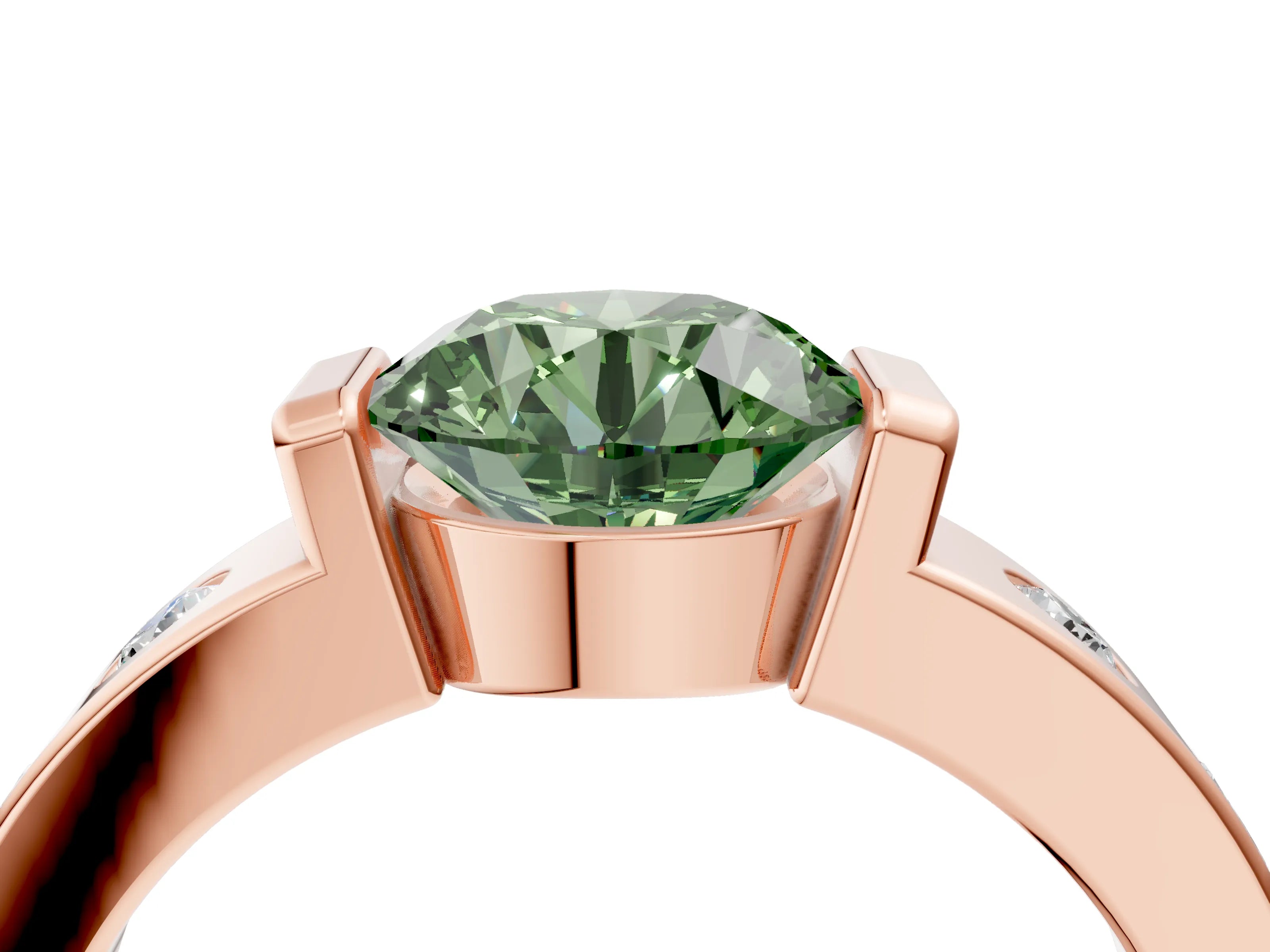 Rose gold Fancy Green Round Cut Brilliant Channel-Set Diamond Ring with Bezel Prong Setting_4