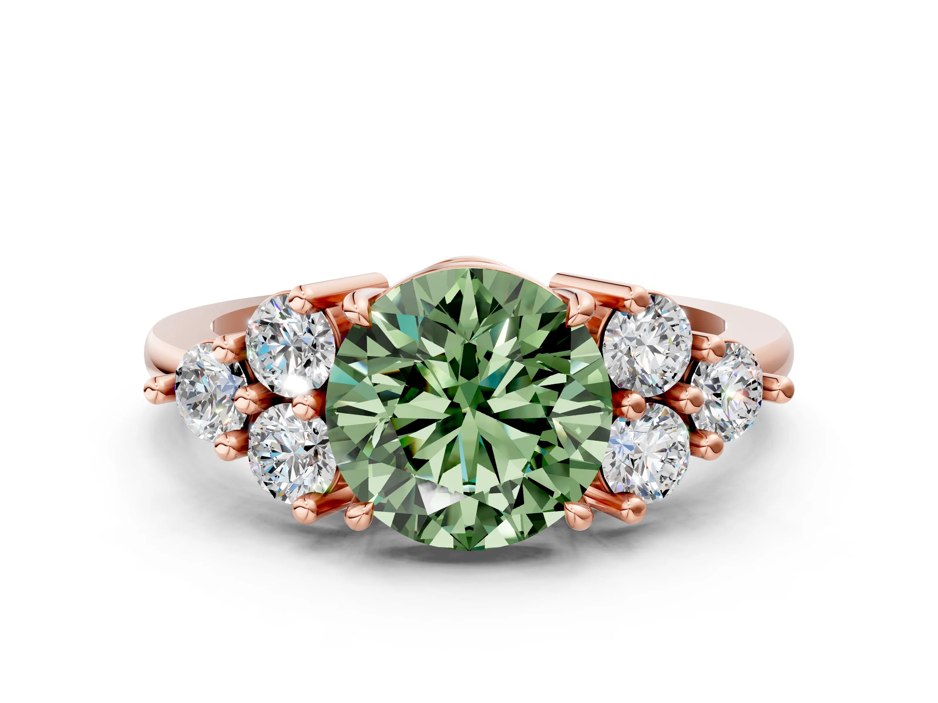 Rose gold Fancy Green Round Cut Brilliant Diamond Cluster Accent Solitaire Ring with Prong Setting