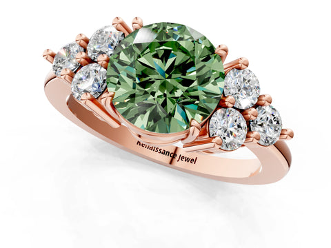 Rose gold Fancy Green Round Cut Brilliant Diamond Cluster Accent Solitaire Ring with Prong Setting_1