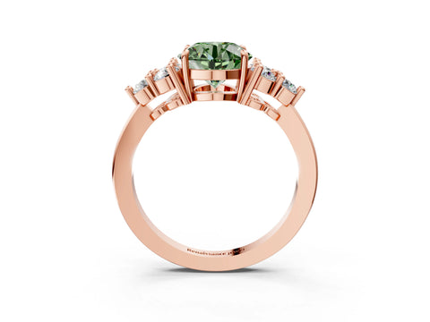 Rose gold Fancy Green Round Cut Brilliant Diamond Cluster Accent Solitaire Ring with Prong Setting_3