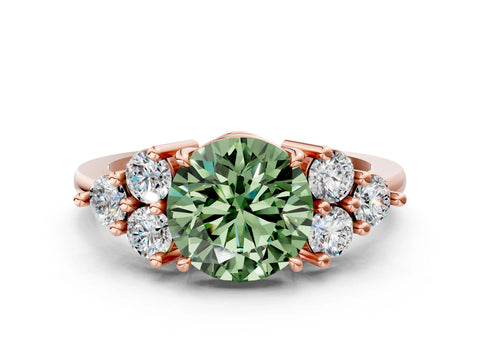 Rose gold Fancy Green Round Cut Brilliant Diamond Cluster Accent Solitaire Ring with Prong Setting