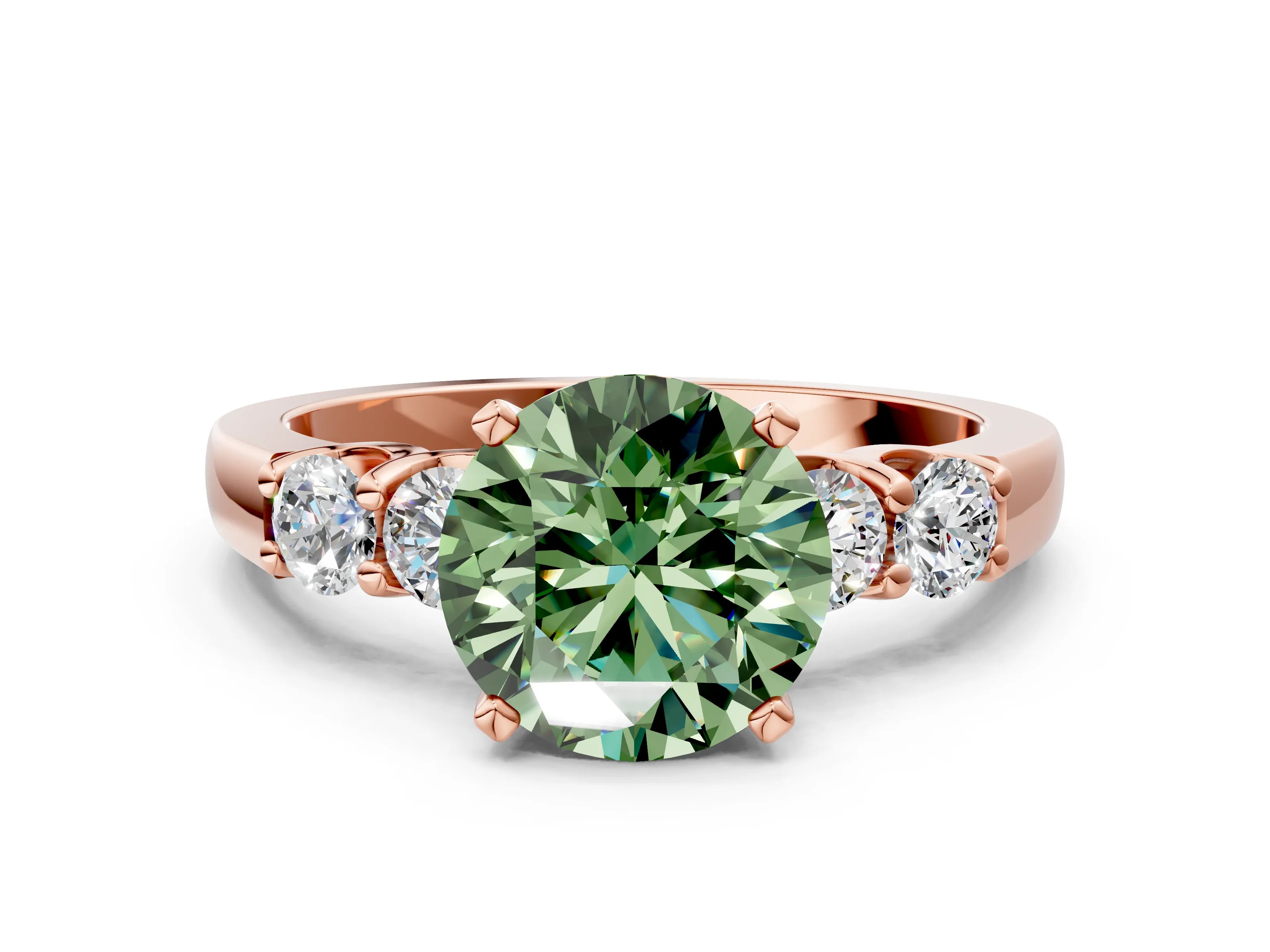 Rose gold Fancy Green Round Cut Brilliant Diamond Five-Stone Engagement Ring with Prong Setting on a Classic Band_3