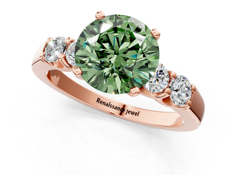 Rose gold Fancy Green Round Cut Brilliant Diamond Five-Stone Engagement Ring with Prong Setting on a Classic Band_4