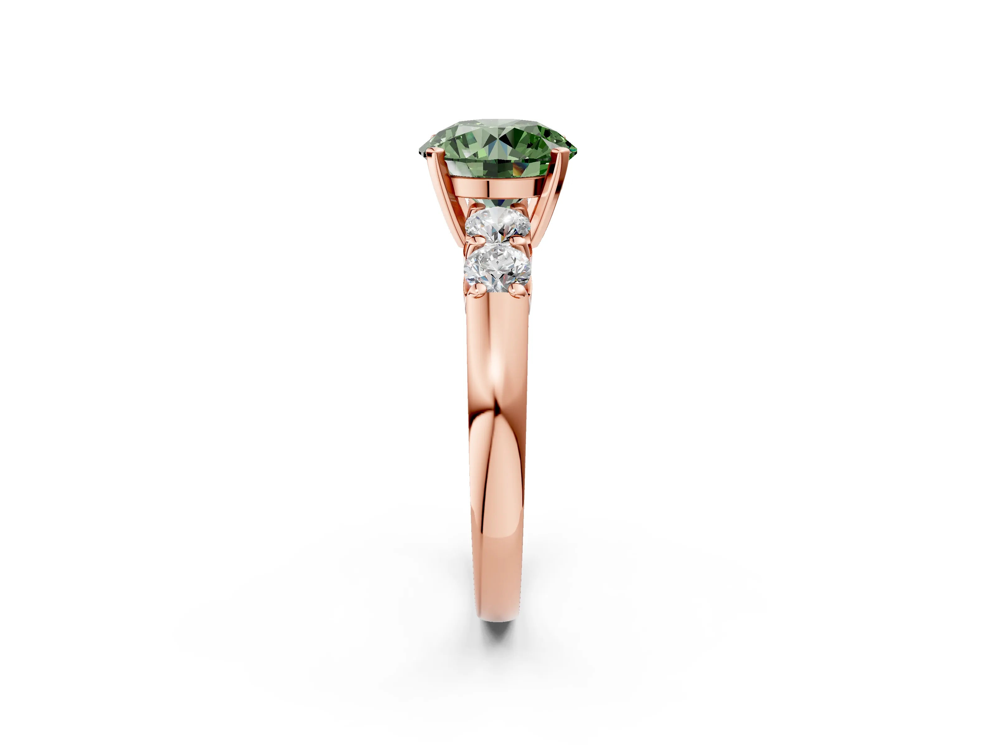 Rose gold Fancy Green Round Cut Brilliant Diamond Five-Stone Engagement Ring with Prong Setting on a Classic Band_5