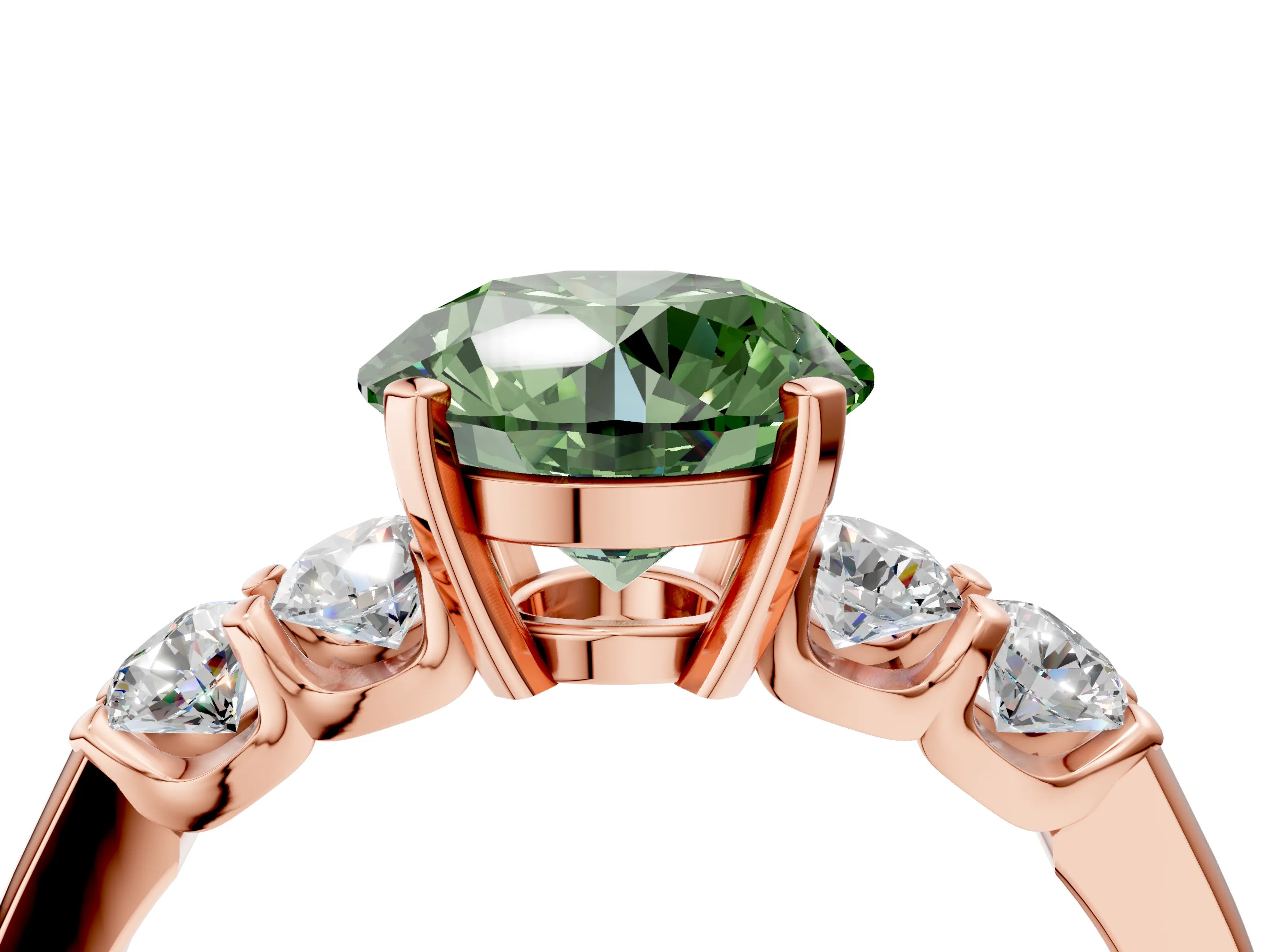 Rose gold Fancy Green Round Cut Brilliant Diamond Five-Stone Engagement Ring with Prong Setting on a Classic Band_7