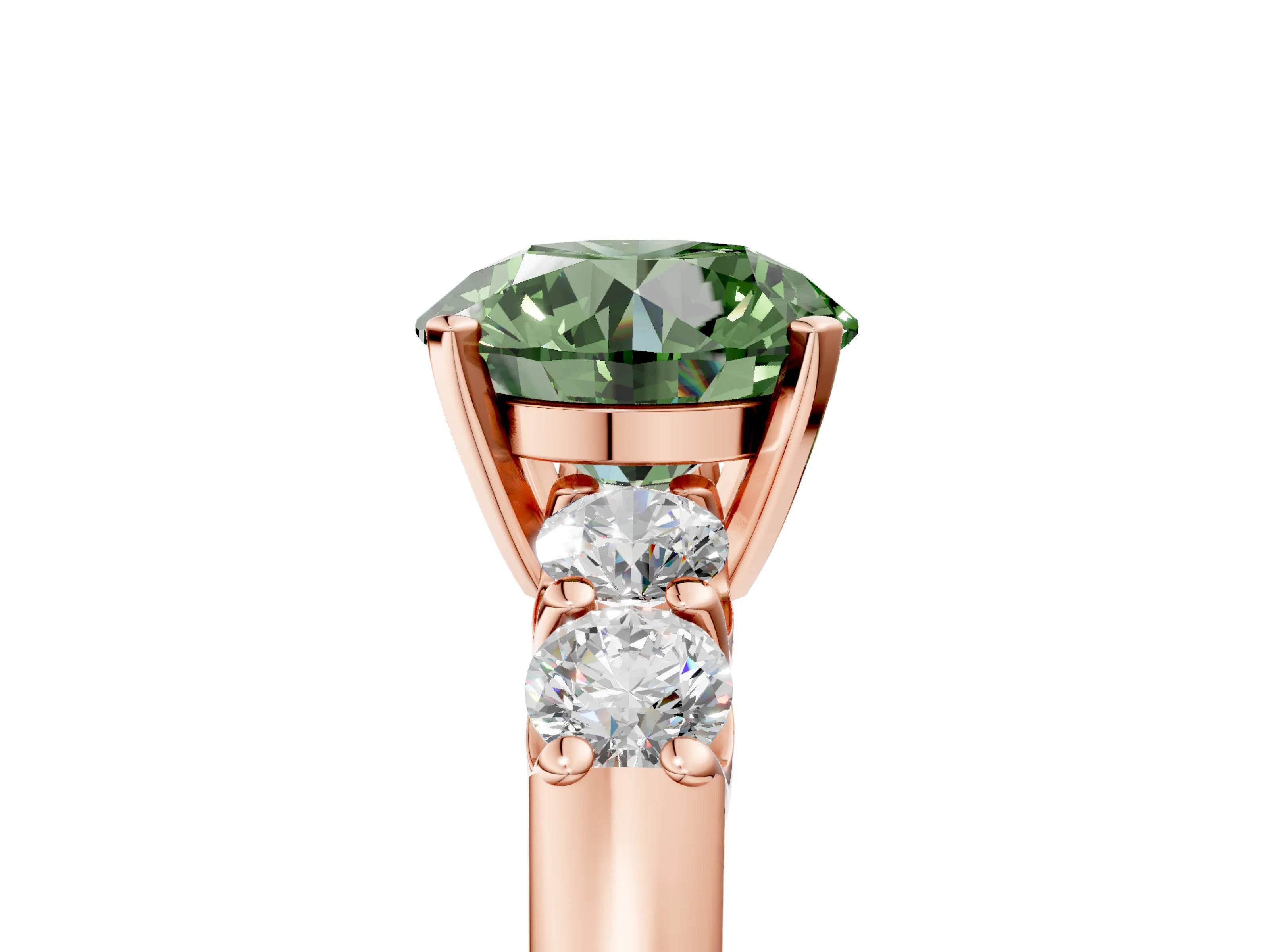 Rose gold Fancy Green Round Cut Brilliant Diamond Five-Stone Engagement Ring with Prong Setting on a Classic Band_8