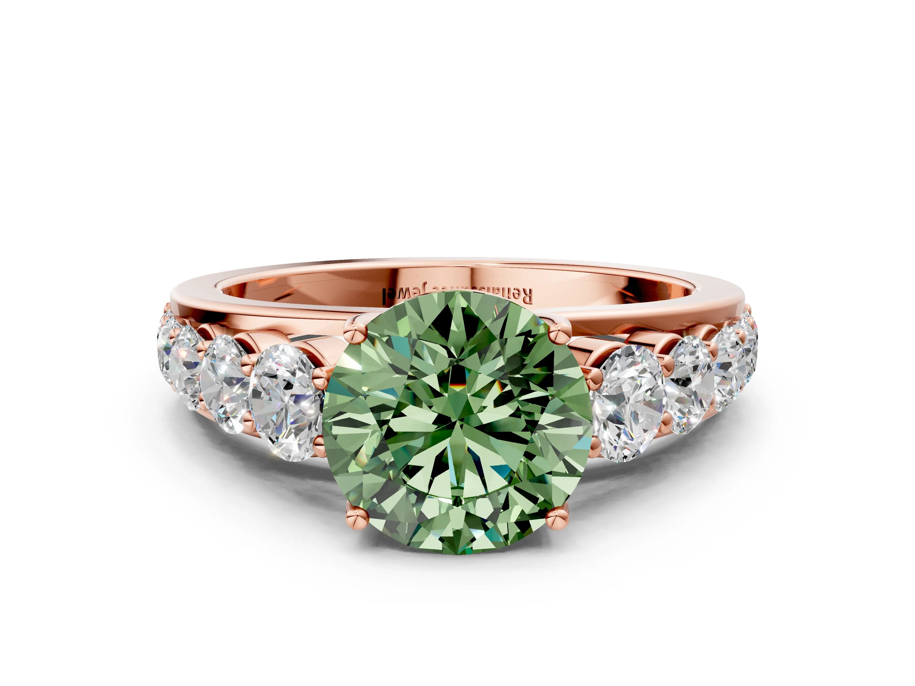 Rose gold Fancy Green Round Cut Brilliant Diamond Pavé Band with Six-Prong Setting
