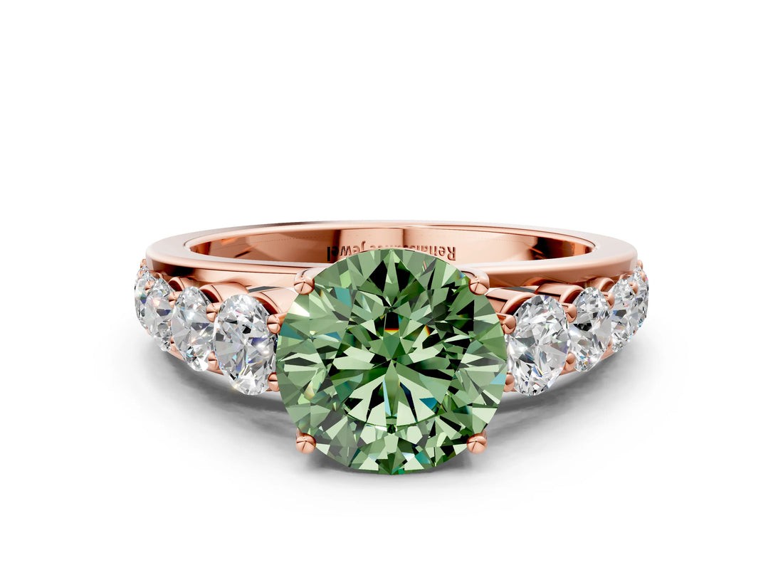 Rose gold Fancy Green Round Cut Brilliant Diamond Pavé Band with Six-Prong Setting