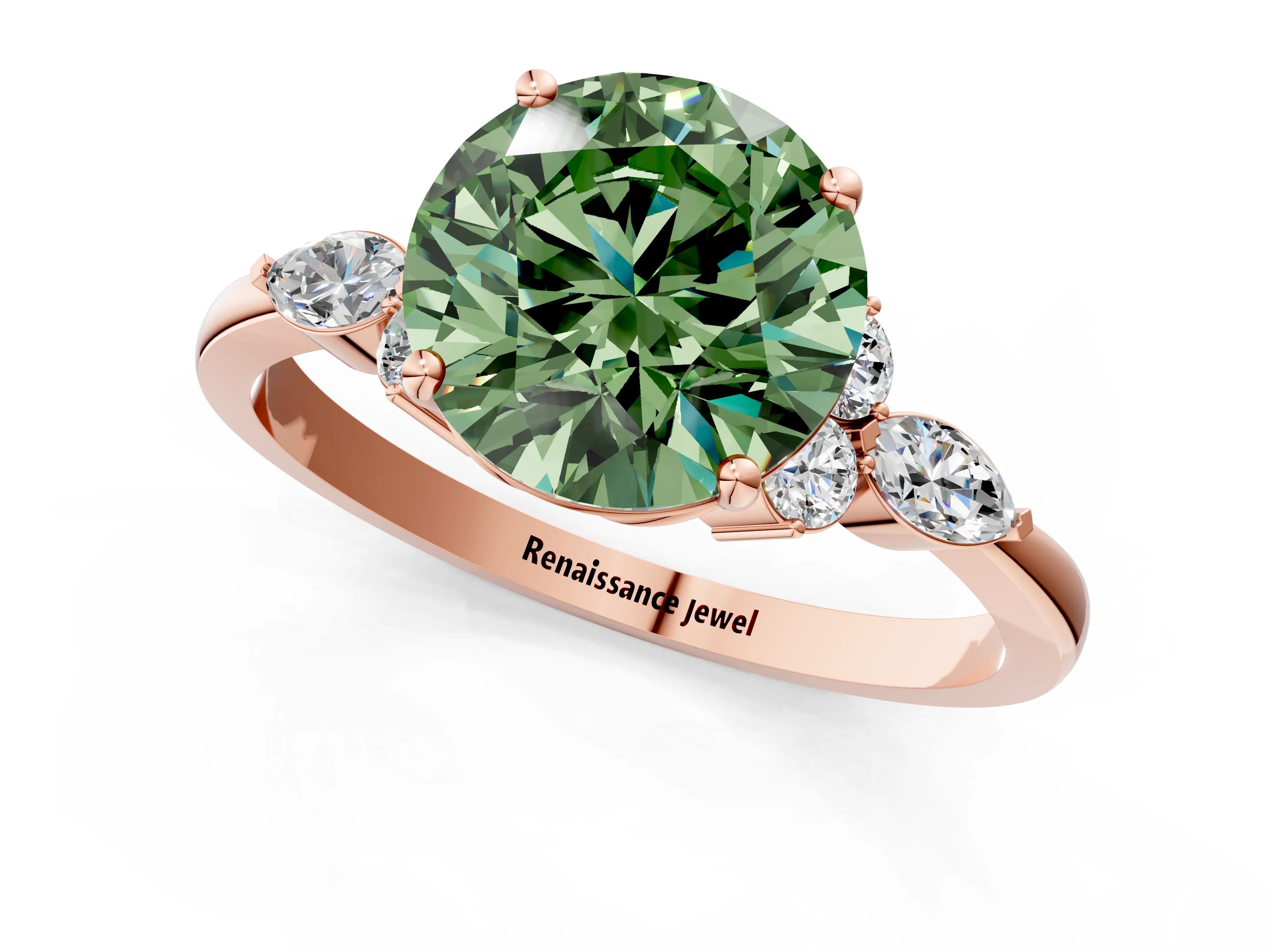 Rose gold Fancy Green Round Cut Brilliant Diamond Solitaire Ring with Pear Side Stones and Four-Prong Setting_4