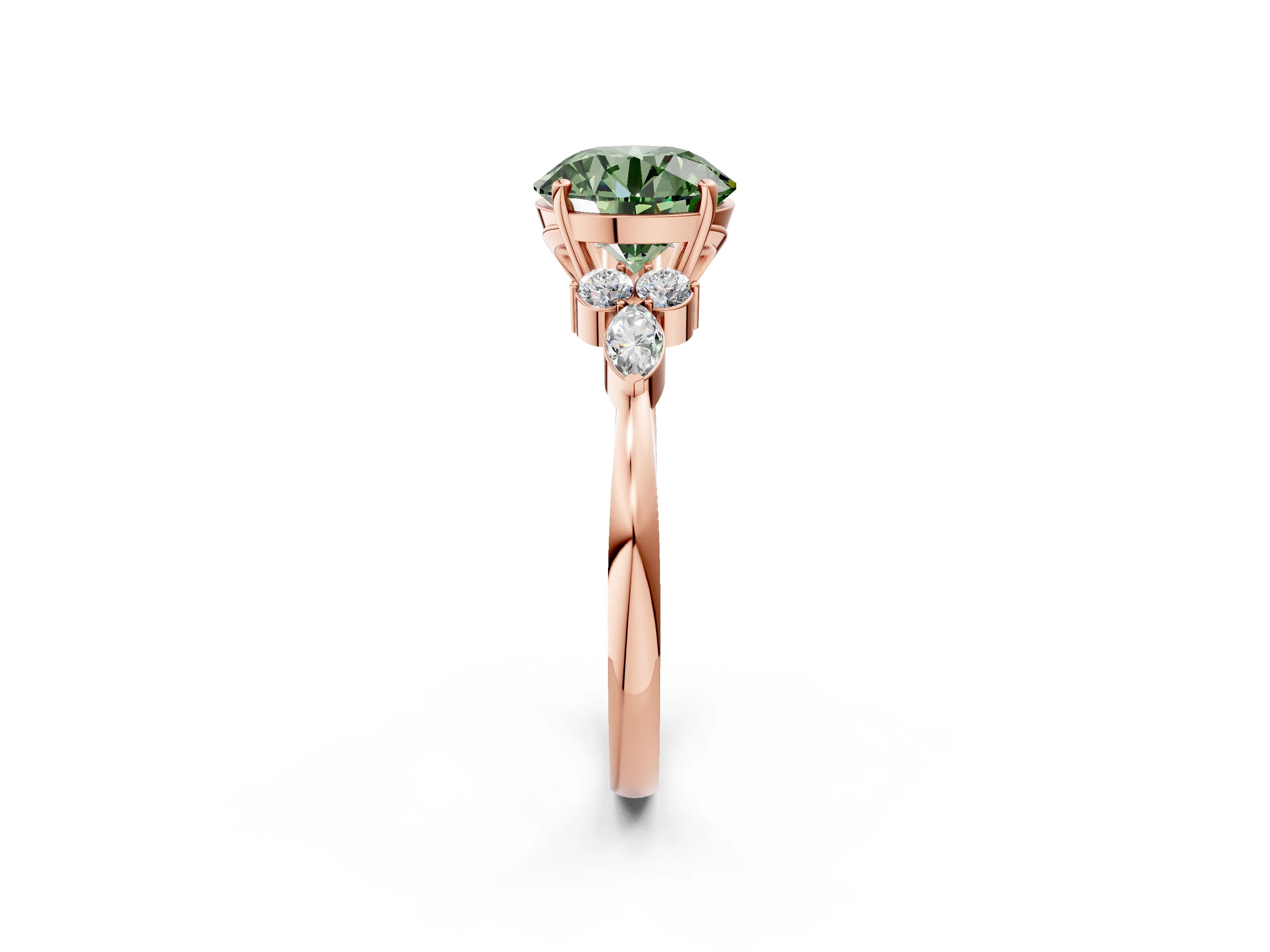 Rose gold Fancy Green Round Cut Brilliant Diamond Solitaire Ring with Pear Side Stones and Four-Prong Setting_5