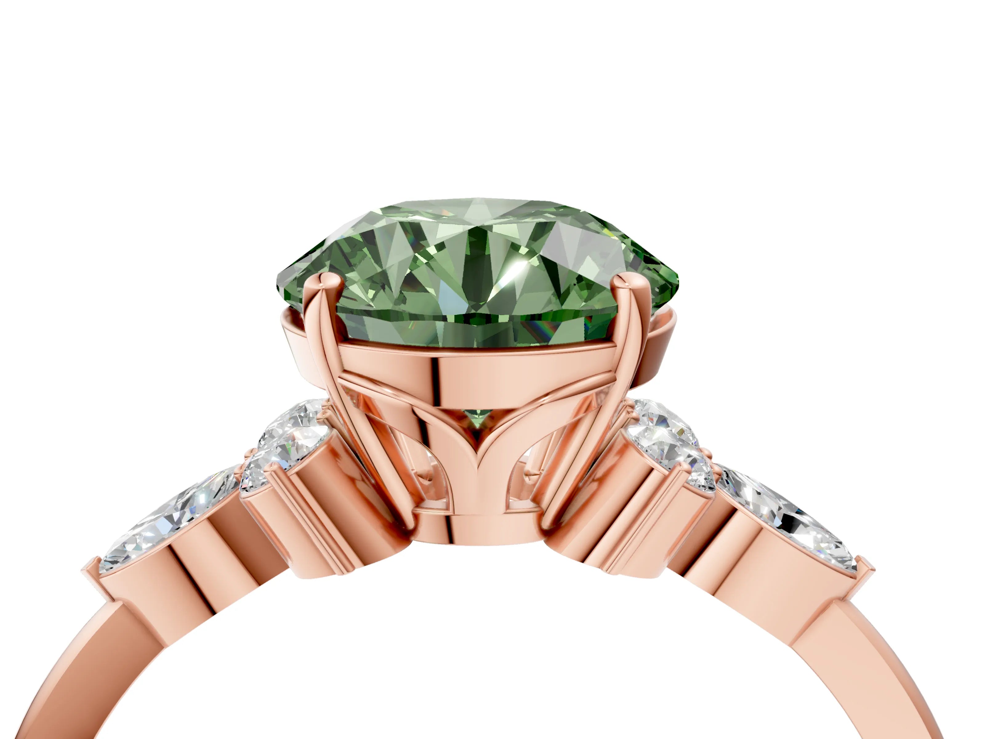 Rose gold Fancy Green Round Cut Brilliant Diamond Solitaire Ring with Pear Side Stones and Four-Prong Setting_7