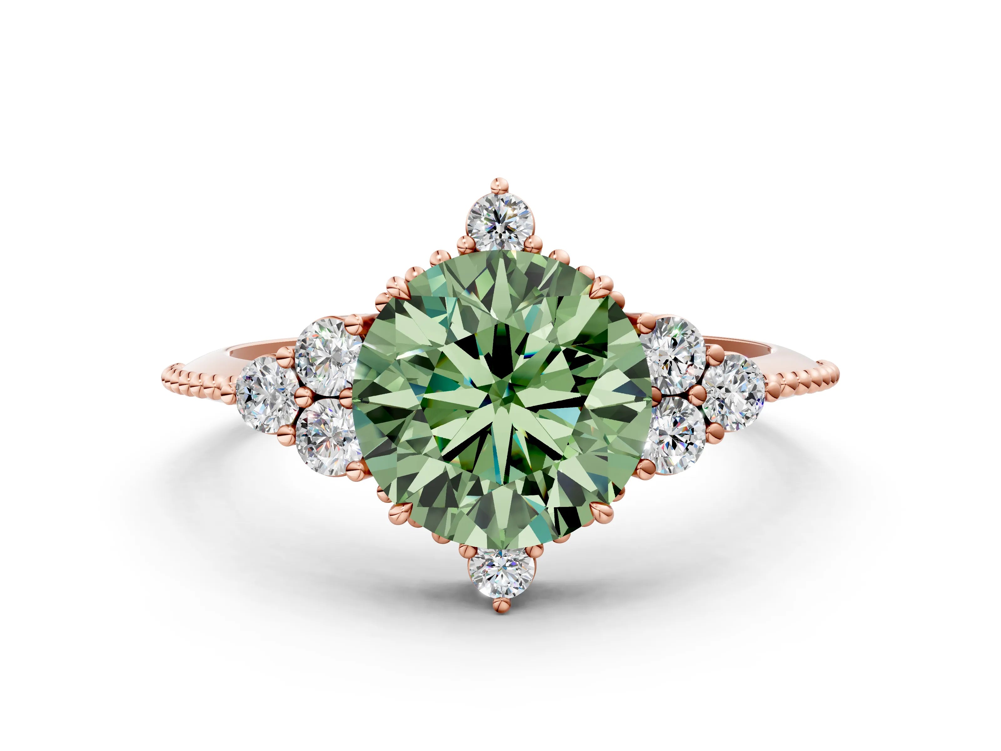 Rose gold Fancy Green Round Cut Brilliant Diamond with Cluster Setting on a Beaded Band and Four-Prong Setting