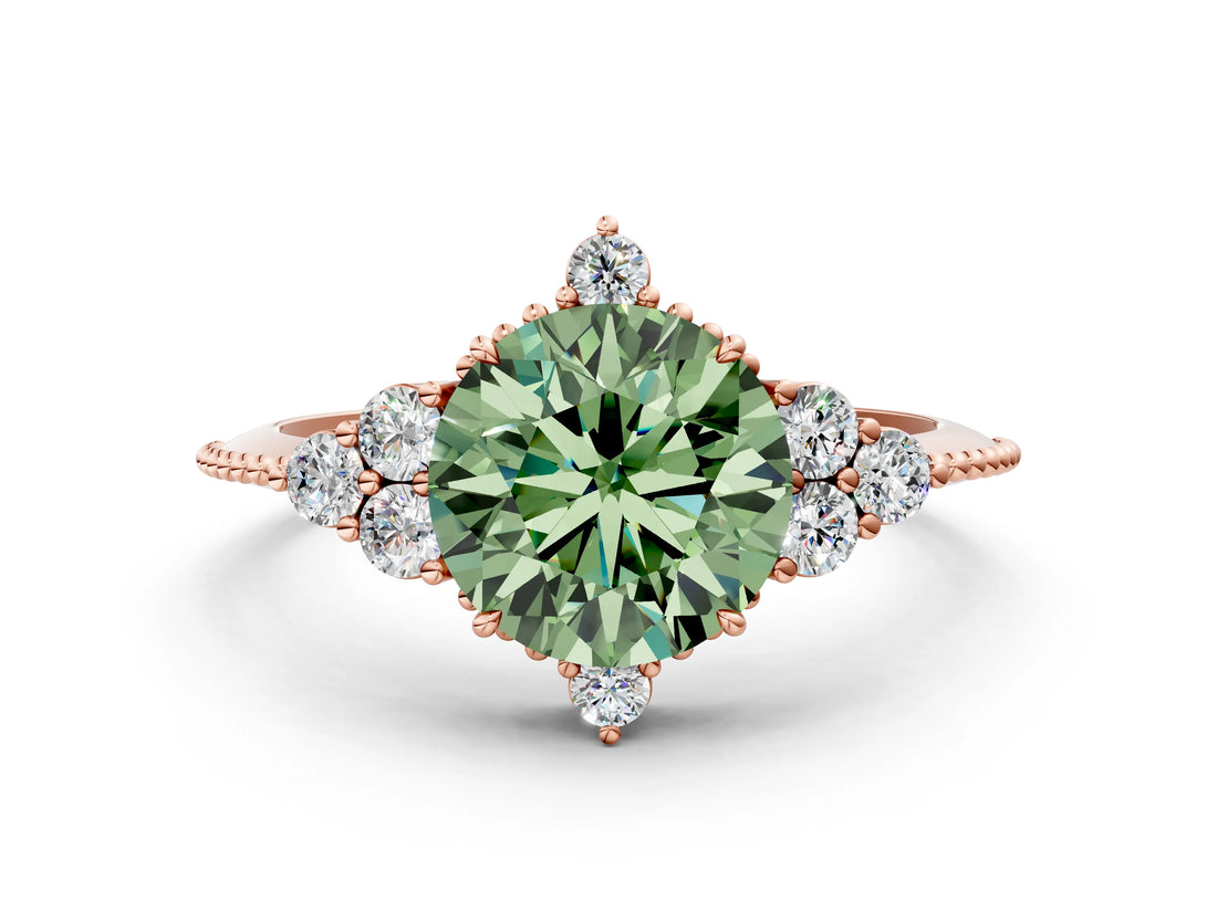Rose gold Fancy Green Round Cut Brilliant Diamond with Cluster Setting on a Beaded Band and Four-Prong Setting