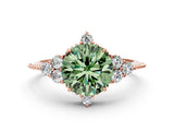 Rose gold Fancy Green Round Cut Brilliant Diamond with Cluster Setting on a Beaded Band and Four-Prong Setting