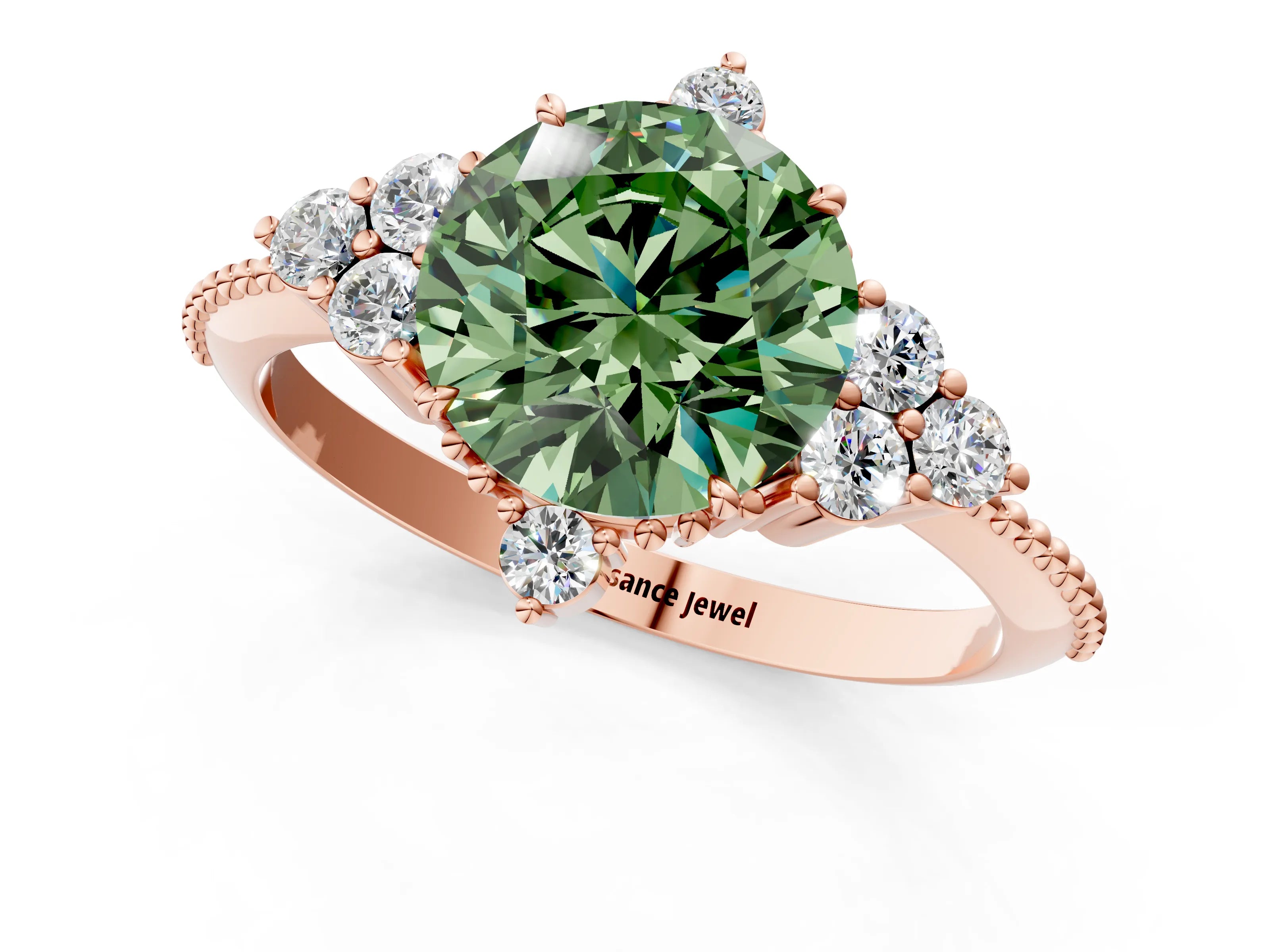 Rose gold Fancy Green Round Cut Brilliant Diamond with Cluster Setting on a Beaded Band and Four-Prong Setting_1
